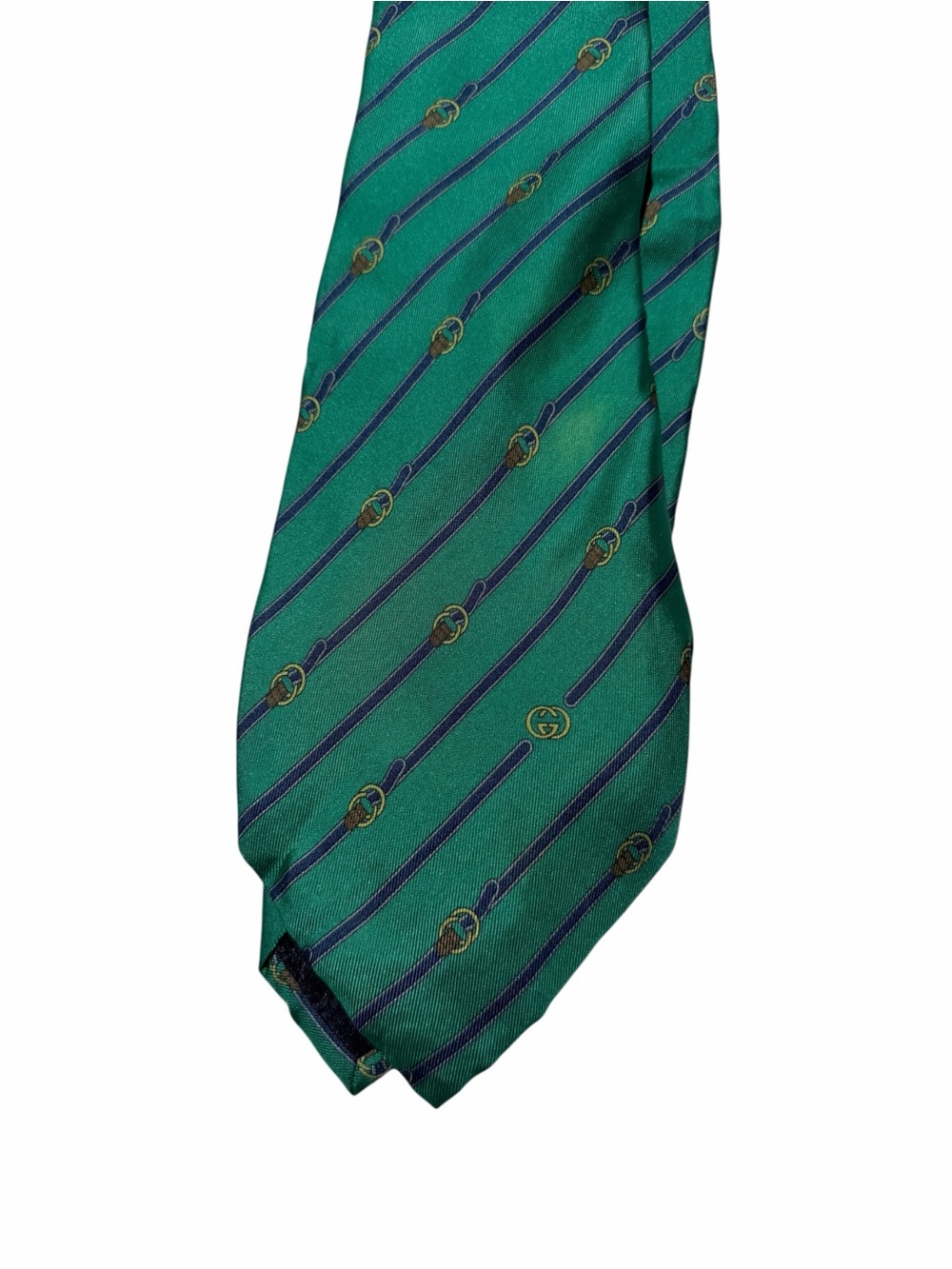 Gucci Green Tie with Navy Diagonal Stripes and Gold Motifs vintage repurpose - Picture 2 of 10